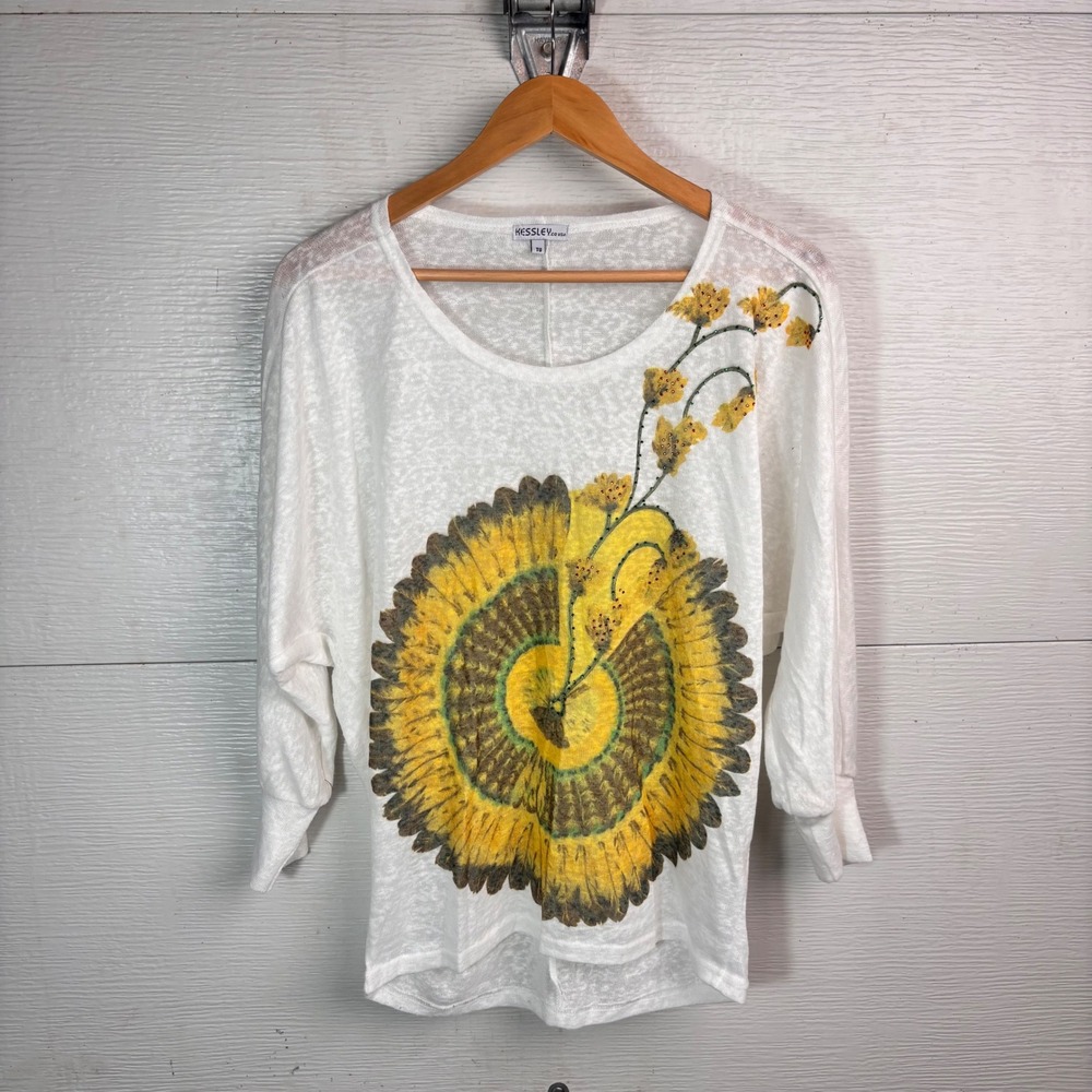 2010s Kessley Floral Art Tunic Sunflower Embellished Boho Oversized Top